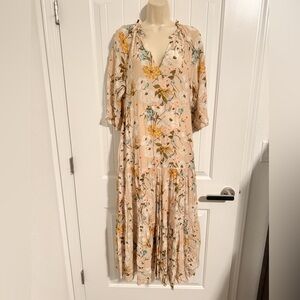 Spartina Adeline Poppy Beige Floral Tiered Midi Dress Medium
